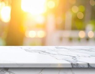a marble table in front of a blurred natural backdrop, bathed in warm sunlight