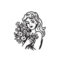 Woman holding a bouquet of flowers with a soft expression