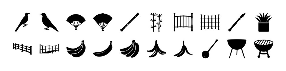 Silhouette Icon Set – Bamboo, Birds, Fans, Bananas, Grills & Garden Elements - A diverse collection of black silhouette icons featuring natural and cultural elements such as birds, Japanese fans