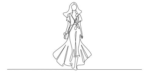 Continuous line drawing of a stylish woman walking in a long dress with a handbag. Minimalist fashion illustration representing elegance, confidence, and modern lifestyle.