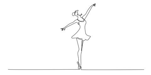 Continuous line drawing of a ballerina dancing gracefully. Minimalist illustration representing elegance, ballet performance, and classical dance in artistic line style.