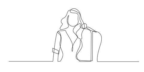 Continuous line drawing of a female singer standing beside a microphone. Minimalist illustration capturing live performance, music expression, and stage presence