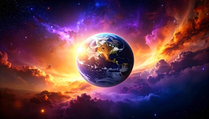 Earth dimly visible through thick orange and purple nebula fog