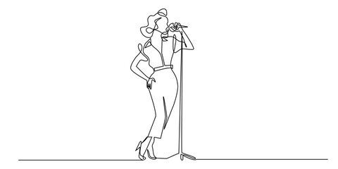 Continuous line drawing of a retro-style female singer holding a microphone on stage. Minimalist illustration representing music, performance, elegance, and vintage fashion