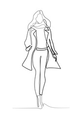 Continuous line drawing of a confident woman walking in a coat and trousers. Minimalist fashion illustration representing elegance, autumn style, and modern streetwear.