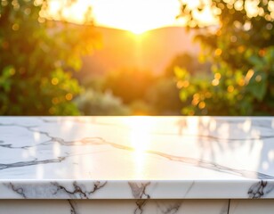 a marble surface reflecting the warm glow of the setting sun, with lush green foliage. This elegant surface, suggesting luxury and sophistication, is illuminated by the natural light.