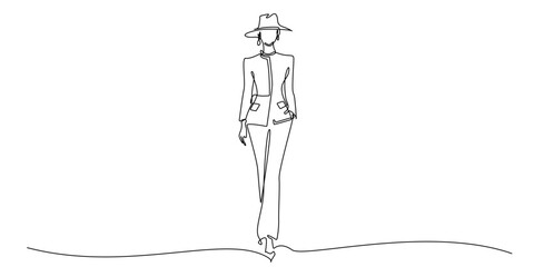 Continuous line drawing of a stylish woman in blazer and hat, walking confidently. Minimalist fashion illustration perfect for modern lifestyle concepts