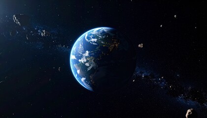 Obraz premium Earth floating in space with distant asteroid belt behind