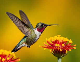 Fototapeta premium A hummingbird in flight over a red and yellow flower. A beautiful background. hummingbird on flower.