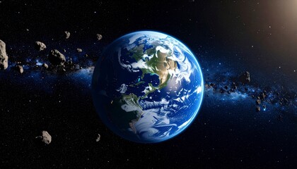 Obraz premium Earth floating in space with distant asteroid belt behind