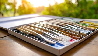 Paintbrushes in a box outdoors