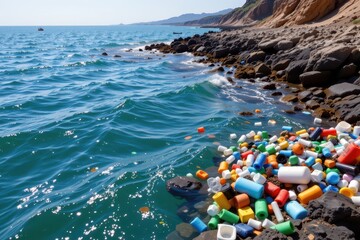 plastic waste floating in ocean near coastline affecting marine animals trapped or ingesting harmful debris that disrupts the water ecosystem balance