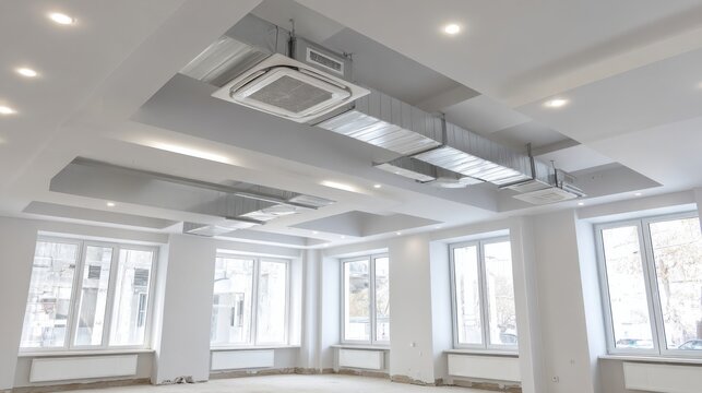 installation of concealed air conditioning system in ceiling, ducts and unit visible in progress, minimal modern room, white surfaces, recessed lighting