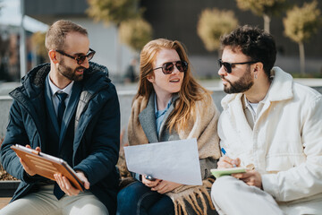 A group colleagues sitting together outdoors, engaged in a conversation about their project, with...