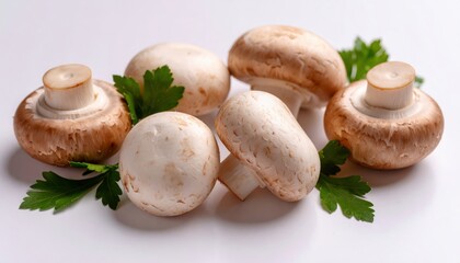 Fresh mushrooms and herbs beautifully arranged. The mushrooms appear to be perfectly ripe