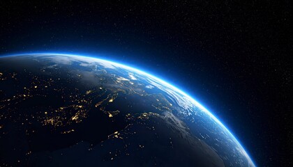 Earth from space with blurry space debris in foreground, curved glowing edge of Earth