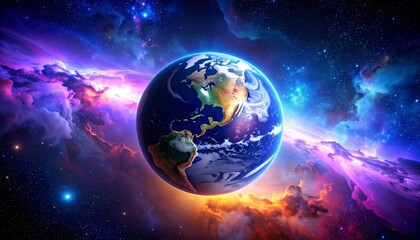 Fototapeta premium Earth from space surrounded by colorful nebula gas clouds, purple and blue tones