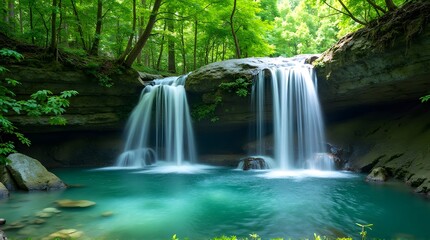 Serene Waterfall in Lush Green Forest