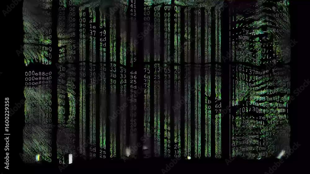 Poster binary data stream. hacking interface. matrix inspired digital rain.
