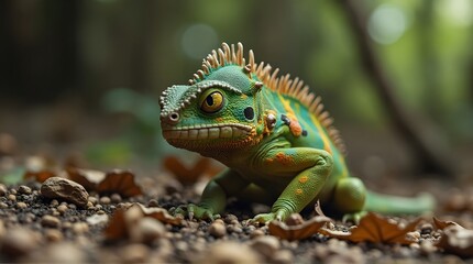 Fototapeta premium Close-up of a vibrant green lizard in a forest