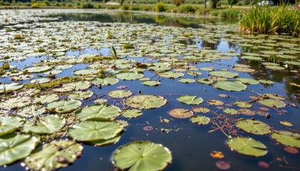 image of algae covered pond showing eutrophication caused by nutrient rich waste runoff leading to loss of aquatic biodiversity and water quality