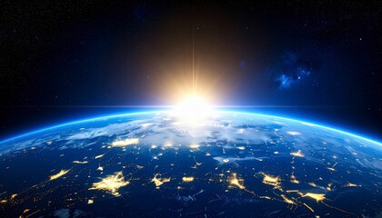 Fototapeta premium Earth from space with bright sunlight emerging from behind the globe