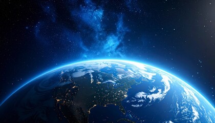 Earth from space with pale blue nebula fog around, soft dreamy glow