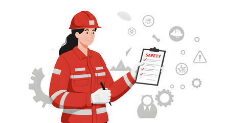 Woman Safety Check Red Outfit Holding Clipboard