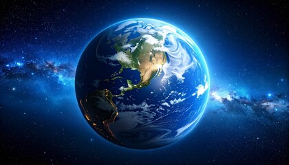 Fototapeta premium Earth from space with pale blue nebula fog around, soft dreamy glow