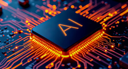 Agentic ai processor microchip on circuit board with glowing lines futuristic technology concept