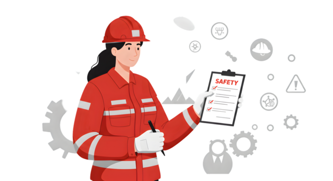 Woman Safety Check Red Outfit Holding Clipboard - Powered by Adobe