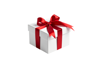 Elegant white gift box with red ribbon bow isolated on transparent background