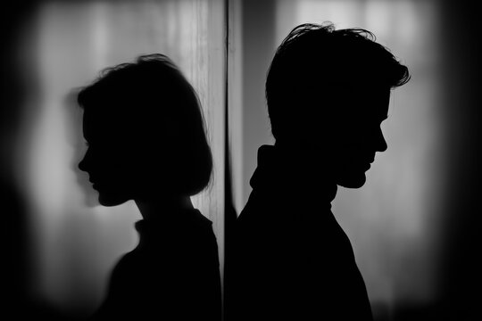 Dramatic silhouette of couple facing away from each other symbolizing conflict, breakup or emotional distance in dark moody lighting

