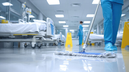 Hospital cleaning staff disinfecting sterile floor with mop, medical beds in background, bright fluorescent lighting, sanitized white interior, professional hygiene concept