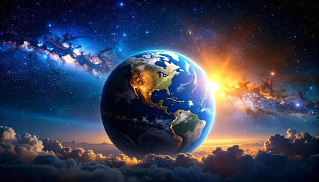 Earth in front of a nebula region lit by twin stars, orange blue double light casting