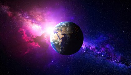 Obraz premium Earth partially emerging from behind a bright purple red nebula wall