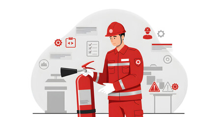 Firefighter holds fire extinguisher for safety