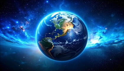 Obraz premium Earth seen from orbit with intense cyan blue nebula exploding in background