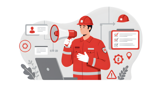 Worker with megaphone, communication