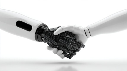 Human-Robot Collaboration, A minimalist 3D illustration of a robot hand giving a handshake. 