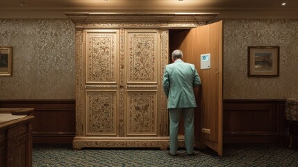 Man observing antique wardrobe