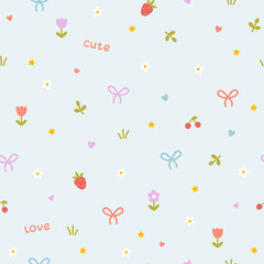 Preppy kawaii seamless vector pattern with cute hand drawn doodles. Berries, strawberries with bows and flowers in pastel palette, simple naive cartoon style. For baby clothes, stationery, packaging.