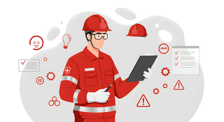 Worker Checks Clipboard with Helmet Gear and Warnings