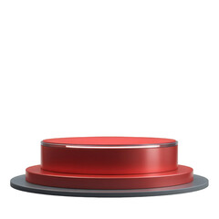 Modern minimalist display stand in vibrant red and grey for product presentation on transparent background