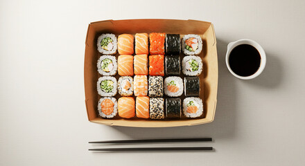 Fresh sushi delivery in eco-friendly box for takeaway at home