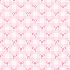 Preppy bow seamless pattern on a pink checkered background. Vector cute cartoon hand drawn illustration. Ideal for textile printing, baby clothes, wallpaper, packaging, notebooks, scrapbooking.