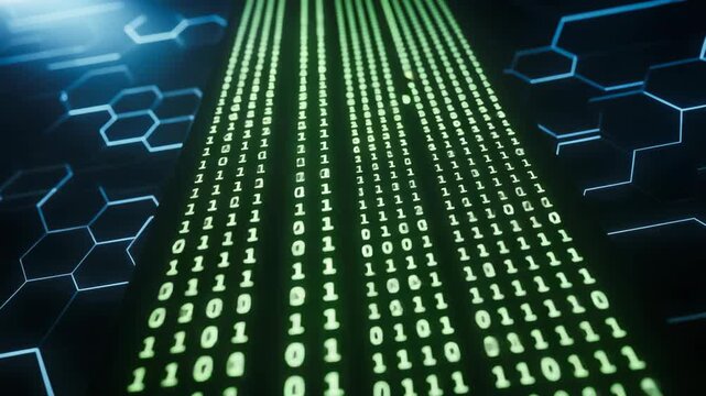 Agentic ai digital binary code matrix with glowing green numbers and futuristic hexagon pattern background agentic ai binary code