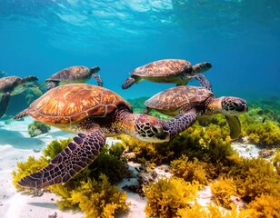 sea turtles swimming gracefully in clear ocean water. The turtles glide through the turquoise water, with sunlight filtering down and creating a magical underwater scene