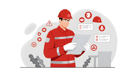 Construction worker reading document - safety regulations and checklist