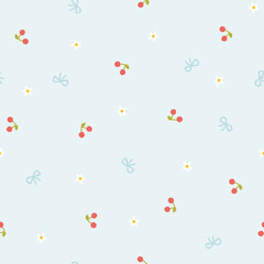 Preppy flirty cherry, bow and small meadow chamomile flowers seamless pattern on blue background. Vector cute cartoon hand-drawn illustration. Ideal for printing, baby clothes, wallpaper, scrapbooking